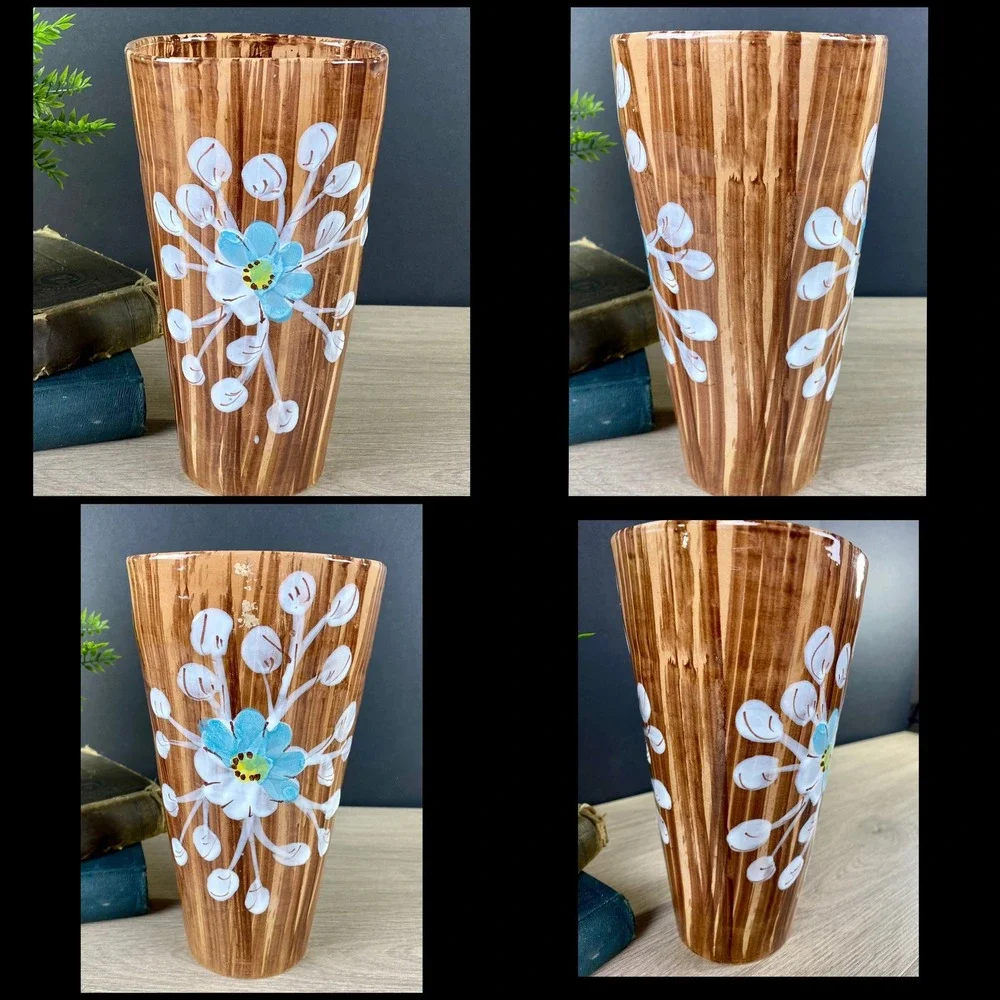 Italy Pottery Vase Wood Grain Glaze Blue Flower Relief‎ 8 Inch